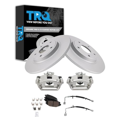 Image of TRQ Rear Brake Pad and Rotor Set Ceramic 328mm G Coated Rotors Calipers Compatible with 2012-2016 Chrysler Town & Country 2012-2018 Dodge Grand Caravan 2013-2015 Ram Cargo Van