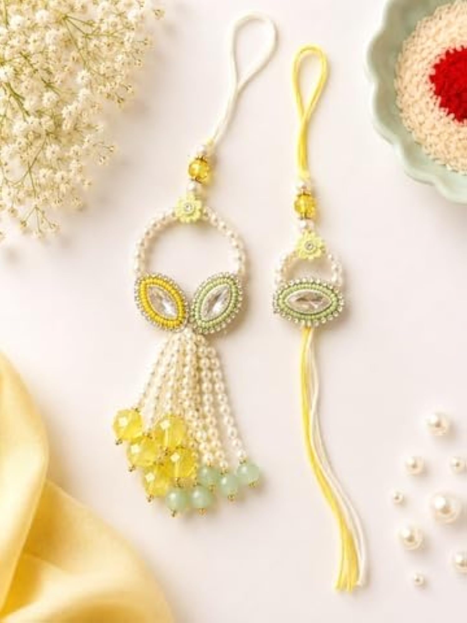 Premium Handmade Pearl Rakhi Set for Brother and Bhabhi