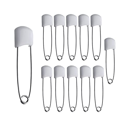 12 Baby Nappy Safety Pins, 2.2 Inch Diaper Plastic Push-in Pins, 55mm Durable Head Fasteners With Safety Lock Closures, Stainless Steel, Ideal for Terry Squares, Flat and Prefold Nappies (12 Pack)