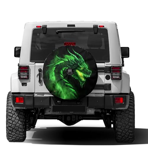 Image of Delerain Spare Tire Cover with Backup Camera Hole Green Fire Dragon Wheel Covers Waterproof Dust-Proof UV Sun Universal Fit for Jeep Trailer RV SUV Truck (17 Inch for Diameter 31 inch-33 inch)