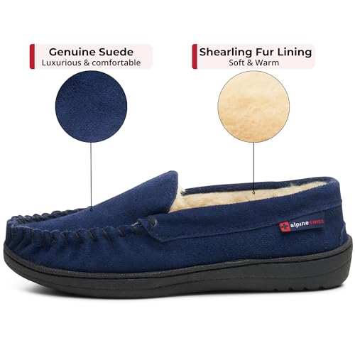 Image of Alpine Swiss Men's Moccasin Slippers Genuine Suede Slip-On House Shoes Memory Foam Insoles Plush Faux Shearling Lining Comfortable Indoor Outdoor Slipper with Anti-Slip Rubber Sole