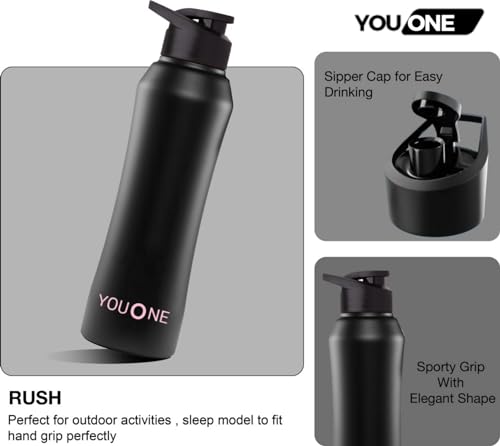 Image of YOUONE Stainless Steel 1000 ML Water Bottle /Thunder for fridge /School /Outdoor /Gym /Home /office /Boys /Girls /Kids, Leak Proof And BPA Free (Black)