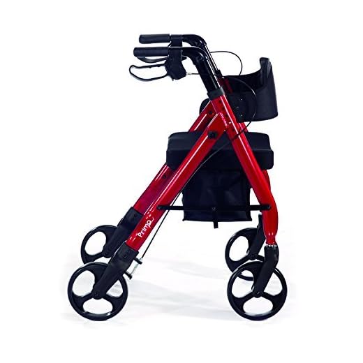 Comodità Prima Special Rollator Walker with Seat, Wheeled Rolling Walker for Adults and Seniors, 16" Wide Orthopedic Seat and 4 Wheel, with Cup Holder and Cane Holder, Metallic Red