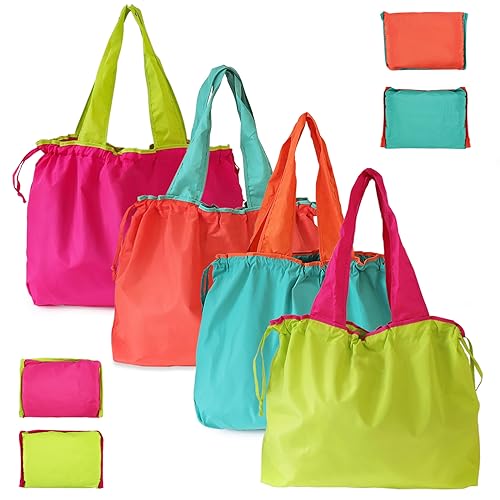 Realand Reusable Grocery Bags 4 Pack Large Heavy Duty Ripstop Shopping Colorful Foldable Tote Bulk with Pouch & Drawstring Machine Washable Nylon Lightweight for Pocket