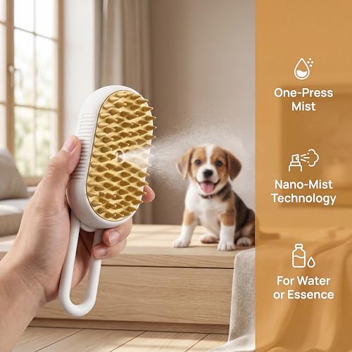 Image of 360 Rotating Cat Brush for Hair Removal and Grooming - Non-Slip ABSPet Hair Brush with Ergonomic Handle, Gentle Brushes for Cats, Dog & Small Animals (Khaki)
