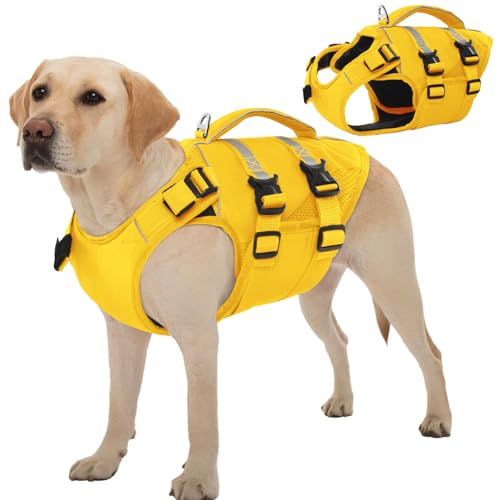 Kuoser Dog Life Jacket, High Flotation Dog Life Vest for Swimming Boating, Adjustable Ripstop Pet Lifesaver for Small Medium and Large Dogs, Reflective Safety Puppy Swimming Vest with Rescue