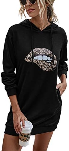 LOGENE Women's Leopard Lips Print Long Hoodie Sweatshirt Casual Long Sleeve Pullover Hoodie Dress with Pockets (2# Black, M) 265-Lips-heise-M-FBM