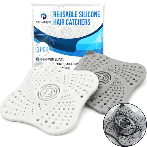 NOVANEST Silicona Atrapa Pelos Ducha con Ventosas Extra Fuertes | Rejilla Desague Ducha Anti Cucarachas Desagües | Filtro Fregadero Cocina y Recoge Pelos Ducha | Fácil Limpieza [Blanco + Gris]