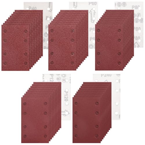 TTYSHIP® 50 Pezzi Carta Abrasiva per Levigatrice Rettangolare, 8 Fori Fogli Abrasivi Carta Vetrata 93 x 185mm, Grana 40/60/80/120/240 per Levigatrice Rettangolare