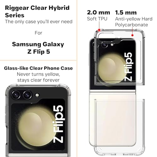 Image of amazon basics Compatible with Samsung Galaxy Z Flip 5 5G Case Cover Transparent Non-Slip Hard PC Shockproof TPU Bumper Protective Phone Case for Z Flip 5 Back Cover - Clear