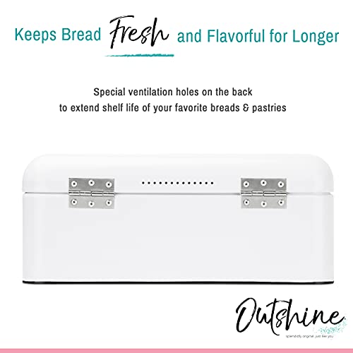 Outshine Vintage Metal Bread Box & Kitchen Utensil Holder Set, White | Large Bread Box W/Swing Up Lid | Farmhouse Bread Box & Utensil Holder For Countertop | Kitchen Decor | Housewarming Gift #TOP2