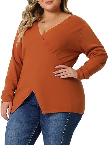 Image of Agnes Orinda Plus Size Knit Tops for Women Wrap V Neck Criss Cross Long Sleeve Asymmetrical Sweater
