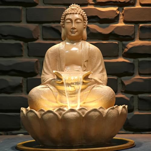 Image of 3 Feet Kamal Buddha Water Fountain for Home & Garden|Fiber Buddha Fountain with LED Light|Indoor Outdoor Fountain for Vastu & Positivity (Beige, 3 Feet Kamal Buddha Fountain)