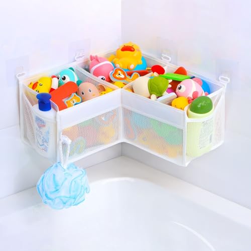 Bath Toy Storage 3-Compartment Corner Bath Toy Holder for Tub Wide-Opening Mesh Bathroom Toy Storage Quick-Drying Machine-Washable Bath Toy Net for Tidy Bathtub