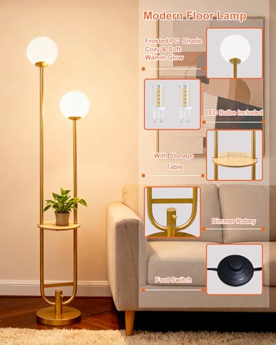 Image of Lightdot 63IN Gold Floor Lamp with Table 2 Globe Mid Century Standing Lamps with 3000K LED Bulbs Unique U-Pole Vintage Floor Lamp with 5Lbs Heavy Base for Living Room /Party /Sofa Beside /Corner Decor