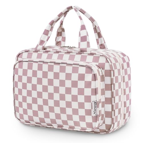 Image of Narwey Large Hanging Toiletry Bag Travel Makeup Bag Cosmetic Organizer for Women and Girls, Z-Dusty Rose Checkerboard, Large