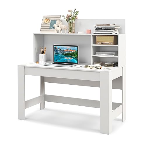 GIANTEX Computertisch Schreibstisch mit Aufsatz, Arbeitstisch mit Ablagen im modernen Design, Bürotisch PC-Tisch mit Kabelführungsloch, Holztisch Weiß für Büro Arbeitszimmer, 120 x 54 x 129 cm