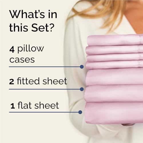 Image of Split King 7 Piece Bed Sheet Set - Comfy, Breathable & Cooling - Light Pink | Ultra-Soft Hotel Luxury Bedding Set w / 8-16 Inch Deep Pockets, 1 Flat & 2 Fitted Sheet & 4 Pillowcases, Wrinkle & Fade Free