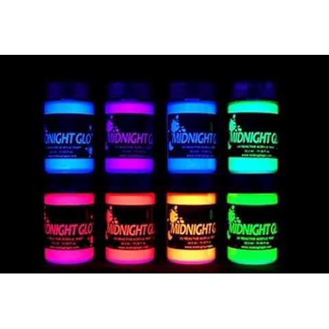 Midnight Glo UV Paint Acrylic Black Light Reactive Bright Neon Colors Set of 8 Bottles Great For Crafts, Art & DIY Projects, Blacklight Party(0.75 oz) Cover