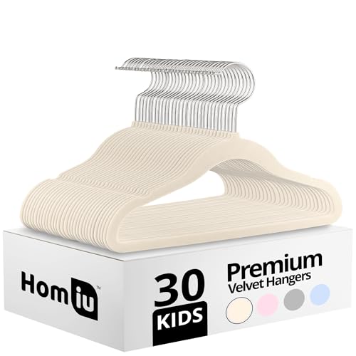 Homiu Non-Slip Kids Velvet Hangers | Ultra-Slim Space Saving Baby Velvet Coat Hangers | 360 Degree Rotatory Hook Sturdy Baby Clothes Hanger | 30 Pack (Cream 30 Pack)