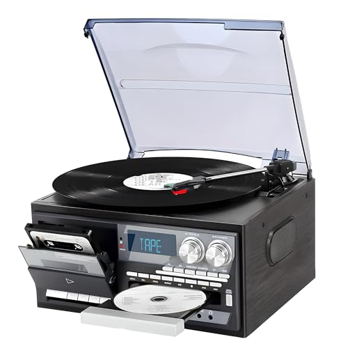 Tourne-disque Bluetooth – Tourne-disque en vinyle à 3 vitesses avec haut-parleurs intégrés, lecteur CD et cassette, housse anti-poussière pour les amateurs de musique vintage et à la maison