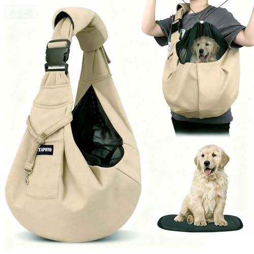 【現役ペットトレーナー監修】YAPOTO ペットスリング 犬 抱っこ紐 2025最新型 スリング 犬 猫 小型犬 ペット バッグ キャリー リュック 肩掛け 調節可能 飛び出し防止 メッシュネット 肩パッド 両面仕様 底板付き (ベージュ)