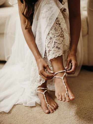 Image of Yalice 2Pcs Layered Pearl Barefoot Sandals Elastic Beaded Foot Chain with Toe Ring Bridal Beach Wedding Foot Jewelry for Women