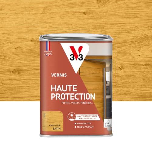 V33 Vernis bois extérieur Chêne clair satin - Haute Protection - Haute résistance rayures et UV - Anti-goutte et tendu bon - Ecolabel - 1L