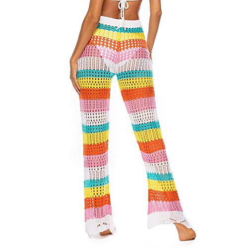Judybridal Womens High Waist Crochet Net Hollow Out Cover Up Mesh Beach Bikini Swimsuits Pants (Rainbow,S) #TOP1