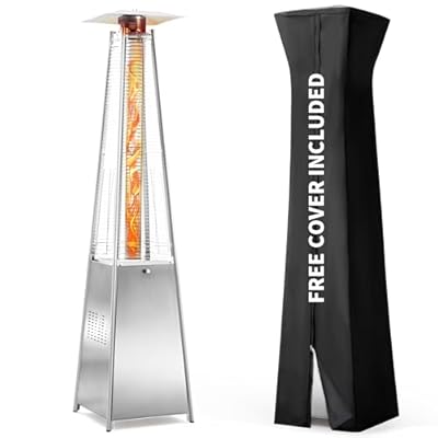 Pamapic Patio Heater, 48,000 BTU Pyramid Flame Patio Outdoor Heater with Cover, Quartz Glass Tube Stainless Steel Propane Heater with Wheels (Stainless Steel Color)