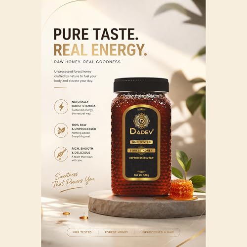 Image of DADEV HONEY Raw Organic Honey 500g | NMR Tested | 100% Pure Raw and Natural Honey | No Added Sugar | Unprocessed Forest Organic Honey-500gm GLASS JAR