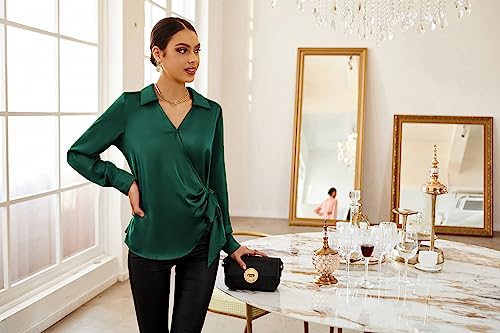 GRACE KARIN Women's Satin Silk Blouses Wrap V Neck Shirts Long Sleeve Elegant Tie Waist Office Formal Work Tunic PulloverTops3
