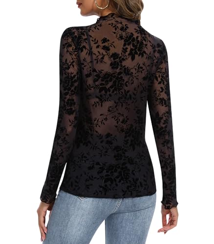 Lace Long Sleeve Tops for Women See Through Sheer Mesh Sexy Tops Floral Mock Neck Shirts Party Club Night Blouses — view 4