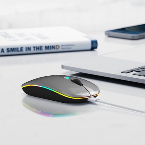 Image of Wireless Bluetooth Mouse, Rechargeable, LED, Silent, Ultra-thin Design (Bluetooth 5.2 and 2.4GHz USB Receiver) | Portable Computer Mouse for Laptops, iPads, MacBooks and Apple Devices (Grey)