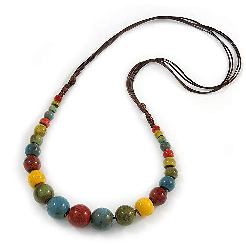 Avalaya Collier en perles multicolores en céramique avec cordons de soie marron – Réglable – 60 cm à 70 cm de long