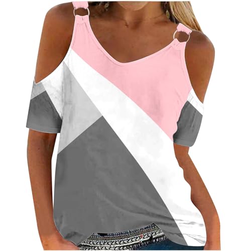 Camisetas casuales de verano para mujer, cuello redondo, con tirantes, manga corta, diseño geométrico, ajuste holgado, talla grande, ocultan el vientre, camisetas holgadas, Gift01#_pink, L