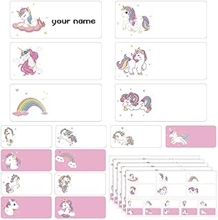 BBTO 80 Pieces Name Labels Self Adhesive No Iron Waterproof Name Stickers Camp Clothes Labels with Laundry Marker Name Labels for Kids Adults (Unicorn), White,pink,rainbow