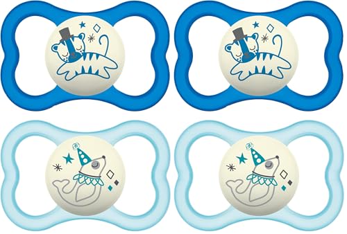 Image of MAM Air Night Pacifiers (1 Sterilizing Pacifier Case), MAM Sensitive Skin Pacifier 6+ Months, Glow in the Dark Pacifier, Best Pacifier for Breastfed Babies, Baby Boy Pacifiers, 6-16 - 2 Ct (Pack of 2)