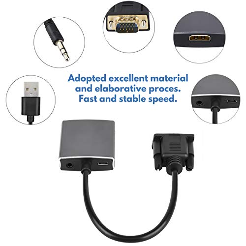 Image of VGA to HDMI Adapter, VGA to HDMI Converter (Male to Female) for Computer, Desktop, Laptop, PC, Monitor, Projector, HDTV with Audio Cable and USB Cable (Aluminum Alloy，Grey)