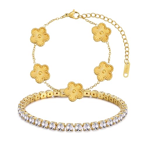 Stackable Four Leaf Clover Bracelets for Women, Tennis Bangle Bracelets Set for Women, 2 Pcs Trendy Jewelry Gifts