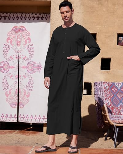 YAOHUOLE Men's Kaftan Thobe Long Sleeve Muslim Robe Button Up Side Split Kaftan Thobe with Pockets4