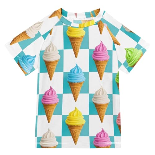 ALAZA Kids Rash Guard Boys Toddler Swim Shirts Short Sleeve Ice Cream Cone Plaid UPF 50+ 3T