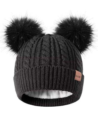 Image of Winter Hat for Kids Toddler Children, Girls Beanie with Double Pom Pom Warm Fleece Lined, Girls Accessories Knit Beanies Cap