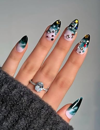 Medium Almond Press on Nails - Ombre Blue French Tip & Bling Jewe...