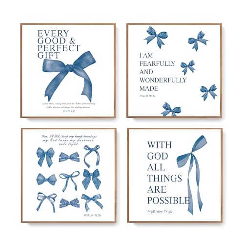 Image of LARTSFRO Coquette Navy Blue Bow Wall Art Decor Posters, Navy Blue Bow Room Bedroom Bathroom Dorm Wall Art Decor Aesthetic for Teen Girls Gifts, Inspirational Bible Verses Bow Wall Decor, 10x10 Inch Set of 4 Pcs Bow Pictures (UNFRAMED)