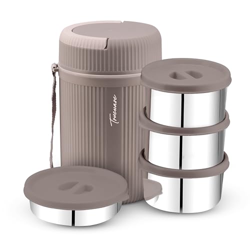 Image of Trueware GRUB 4 Double Wall Insulated Hot Lunch Box with 3 SS Container 300 ML Each & 1 SS Container 200ML | Bpa Free | Food Grade | Hot and Fresh Ma (LBI-GRB-004-Pink BAZ)