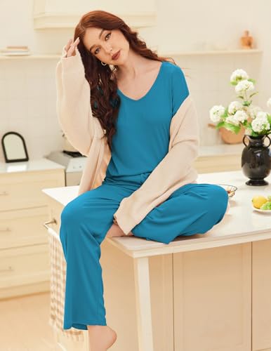 Ekouaer Womens Ribbed Knit Pajamas Set V Neck Long Sleeve Pj Set 2 Piece Loungewear Casual Sleepwear