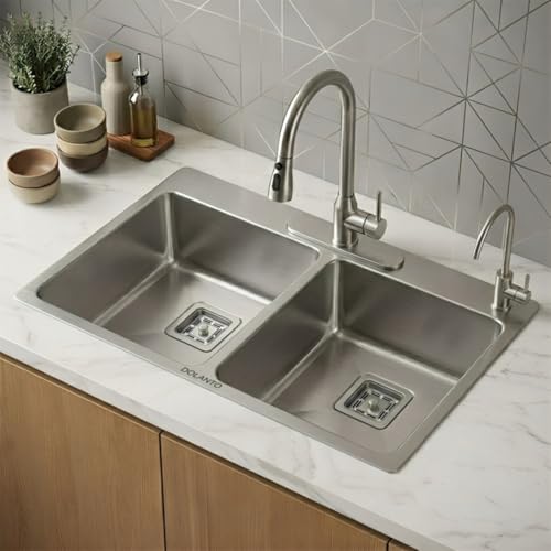 Image of Double Bowl Kitchen Sink - 45x20x9 inches|304 Stainless Steel Sink with Matte Finish|Handmade Kitchen Sink Including Coupling, Waste Pipe & Drain Basket|Sink for Kitchen Basin|Kitchen Sinks