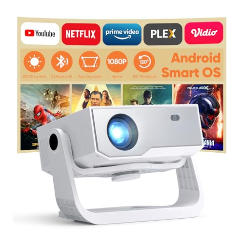 Wielio Neuer Smart Beamer, Full HD 1080P mit 4K Unterstützung, Android 11, 25000 Lumens Helligkeit, 120° Verstellbarer Ständer, elektrischer Fokus, Trapezkorrektur, WiFi 6 & BT 5.2 Heimkino Beamer