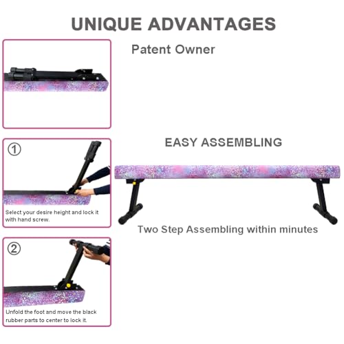 Peakpath 8FT Adjustable&Foldable Gymnastics Balance Beam,Home Gym Equipment,Easy Assembling and Storage,No Tool Require,for Kids Children Girls Training (PINKGLITER, 8FT) - Thumbnail 3
